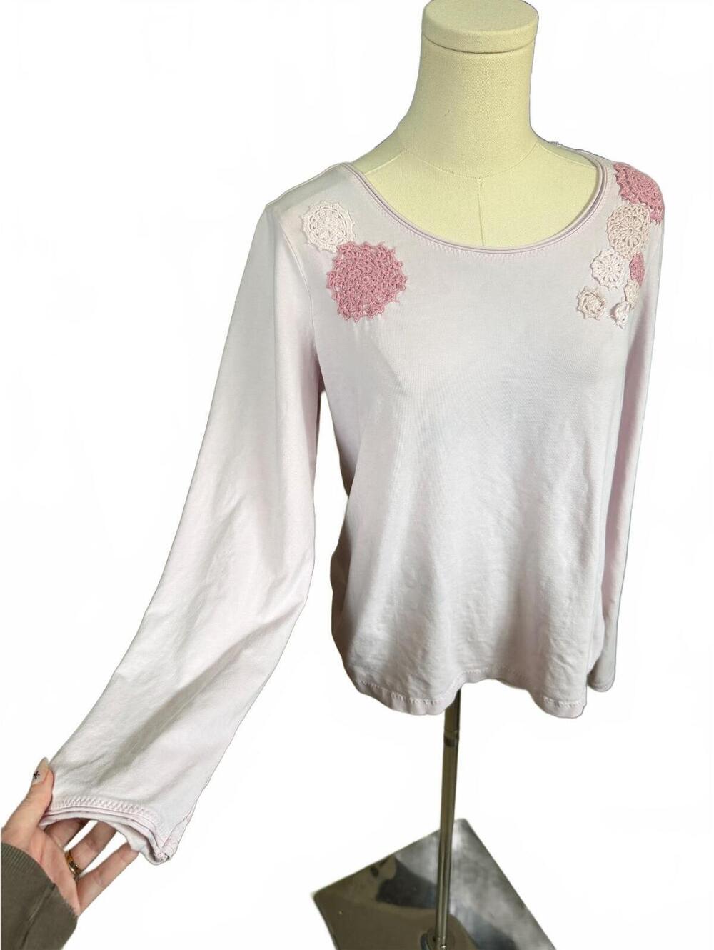 Jjill Light Pink Long Sleeve Top with Crochet Floral Details